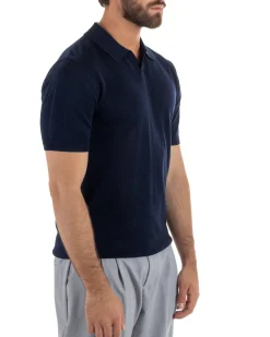 Polo uomo filo maglia basic colletto aperto sottogiacca blu GIOSAL-TS3285A