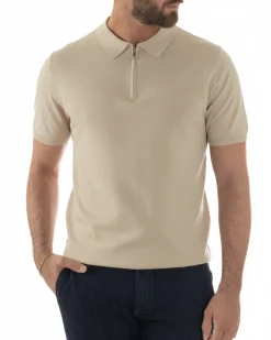 Polo uomo filo maglia colletto con zip t-shirt sottogiacca leggera beige GIOSAL-TS3208A