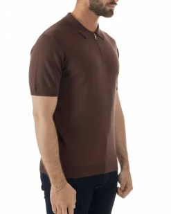 Polo uomo filo maglia colletto con zip t-shirt sottogiacca leggera marrone GIOSAL-TS3209A