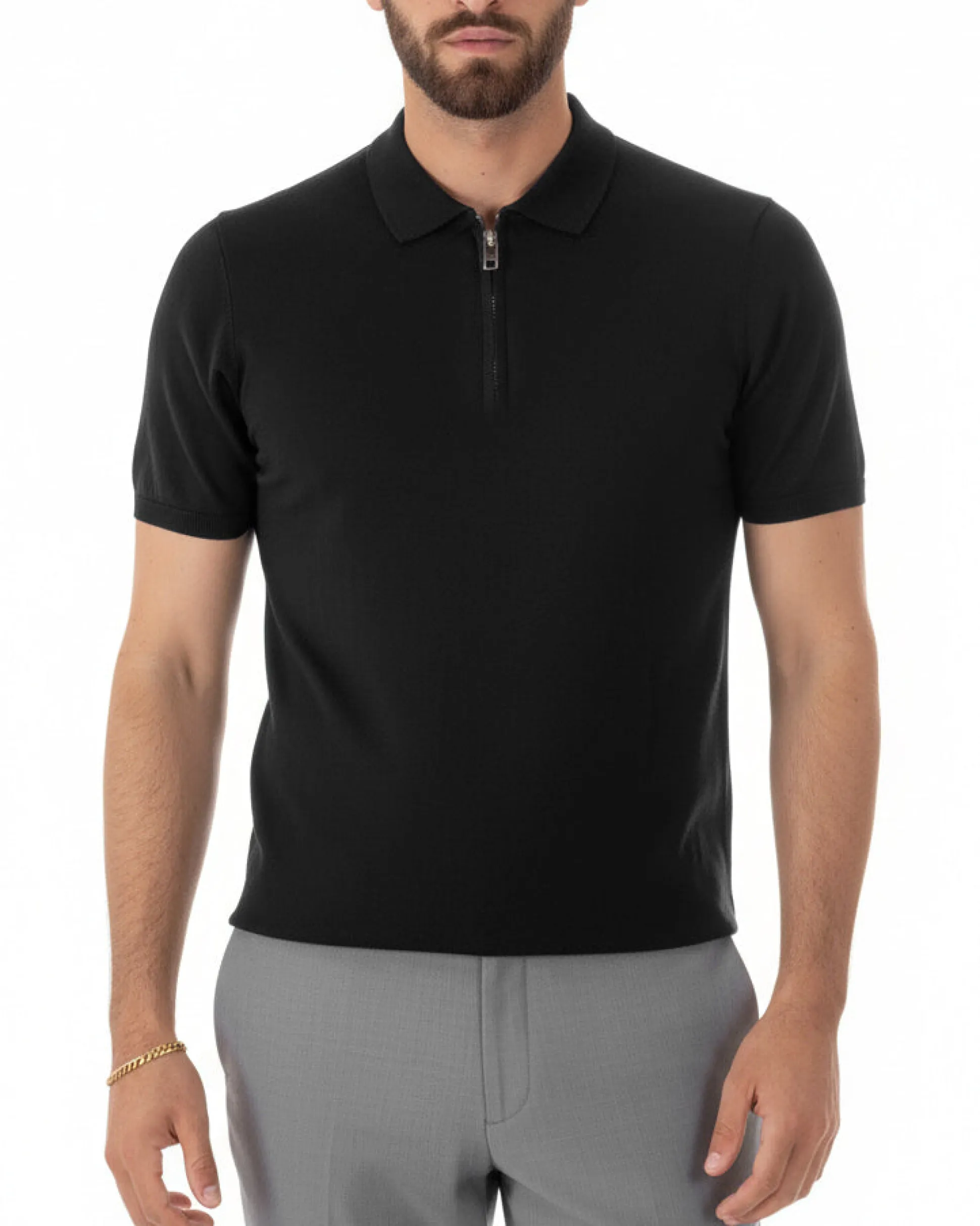 Polo uomo filo maglia colletto con zip t-shirt sottogiacca leggera nero GIOSAL-TS3211A