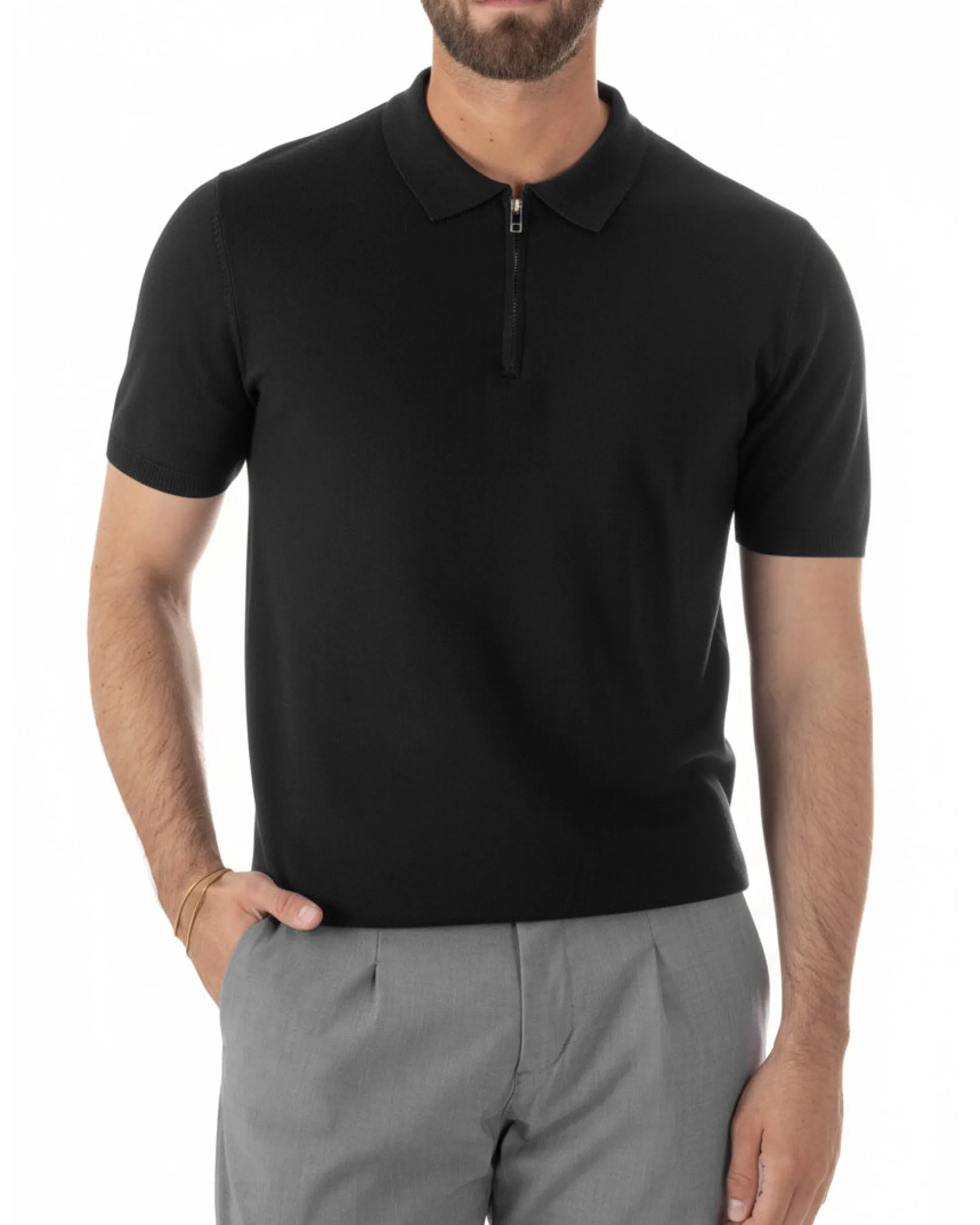 Polo uomo filo maglia colletto con zip t-shirt sottogiacca leggera nero GIOSAL-TS3211A