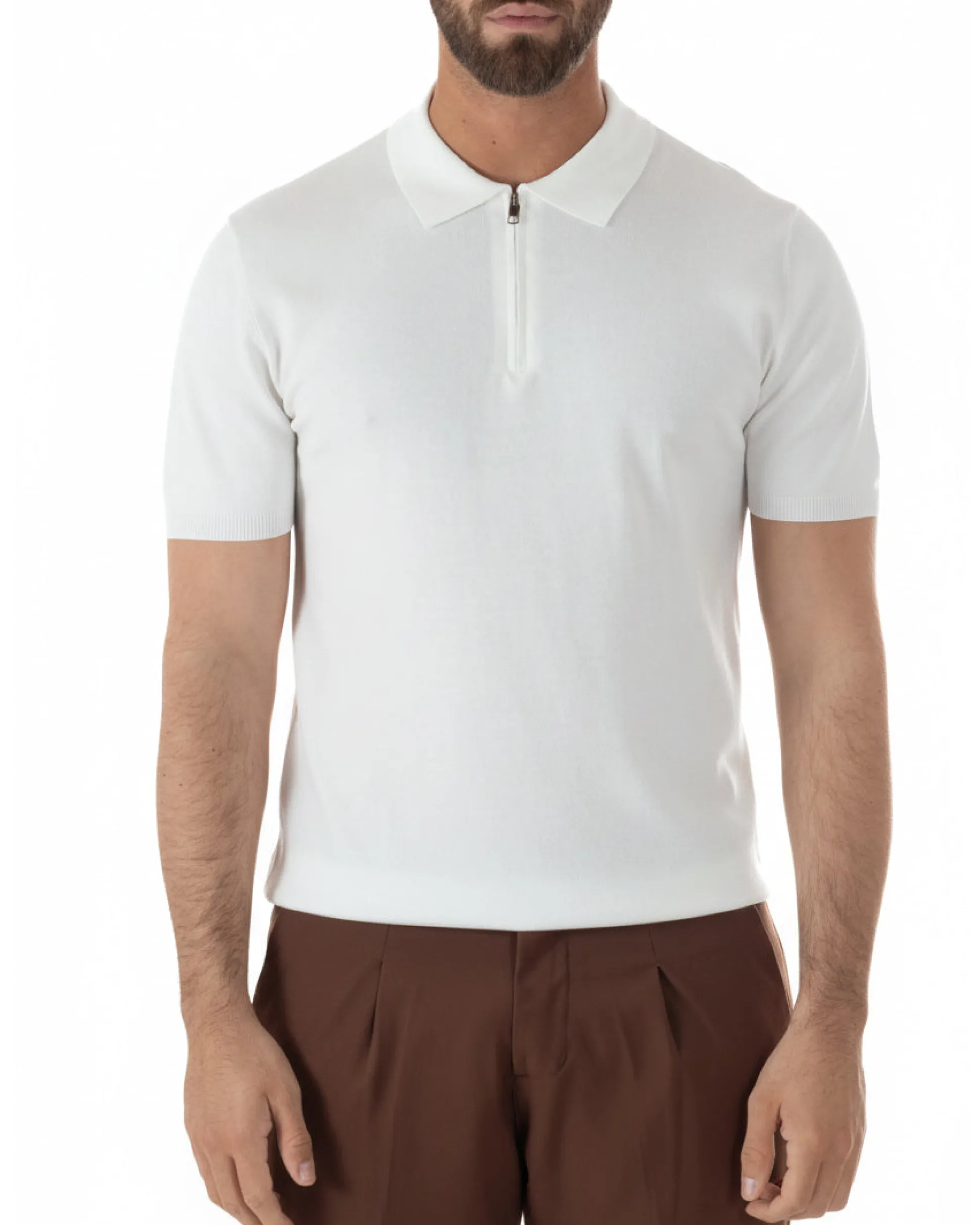 Polo uomo filo maglia colletto con zip t-shirt sottogiacca leggera bianco GIOSAL-TS3212A
