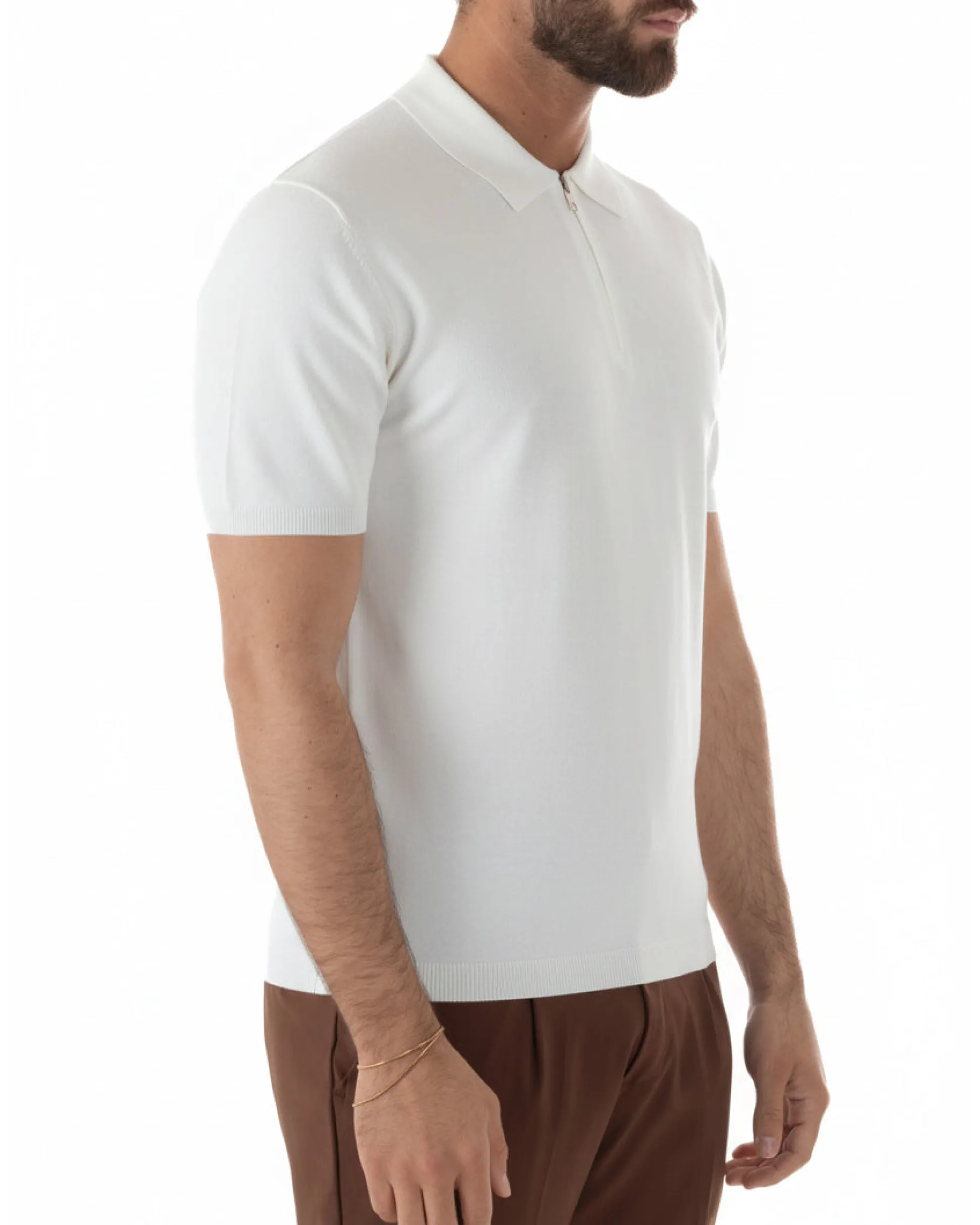Polo uomo filo maglia colletto con zip t-shirt sottogiacca leggera bianco GIOSAL-TS3212A