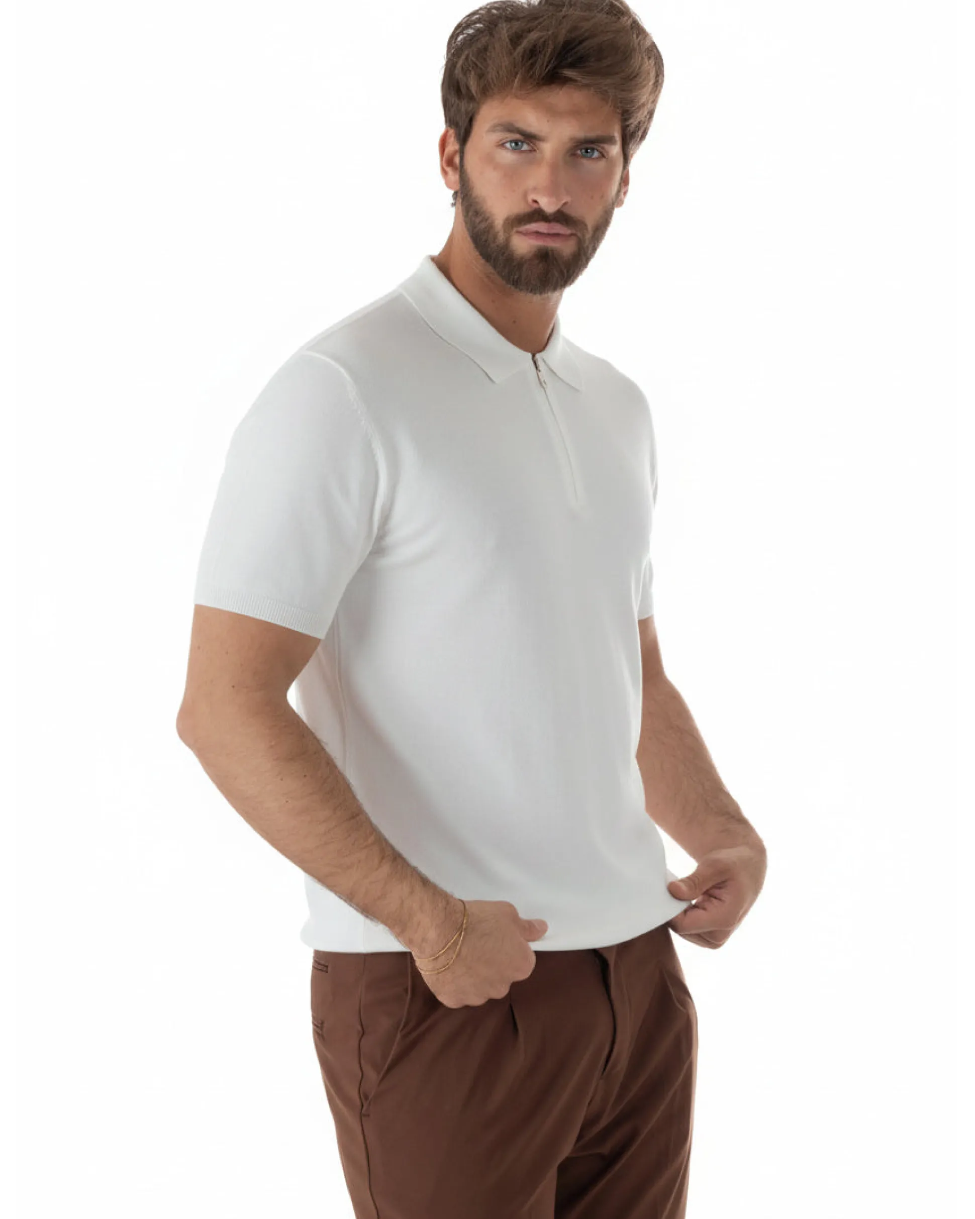 Polo uomo filo maglia colletto con zip t-shirt sottogiacca leggera bianco GIOSAL-TS3212A