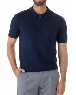 Polo uomo filo maglia colletto con zip t-shirt sottogiacca leggera blu GIOSAL-TS3210A