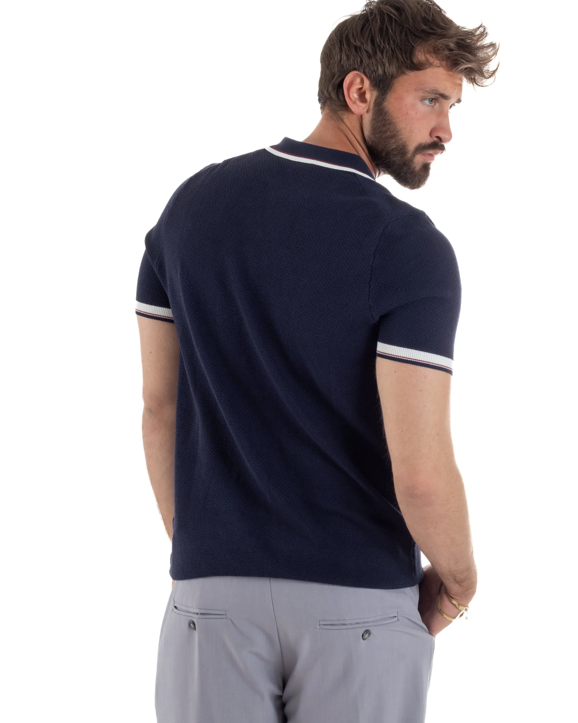 Polo uomo filo maglia colletto aperto sottogiacca scollo v blu GIOSAL-TS3274A