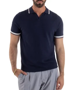 Polo uomo filo maglia colletto aperto sottogiacca scollo v blu GIOSAL-TS3274A