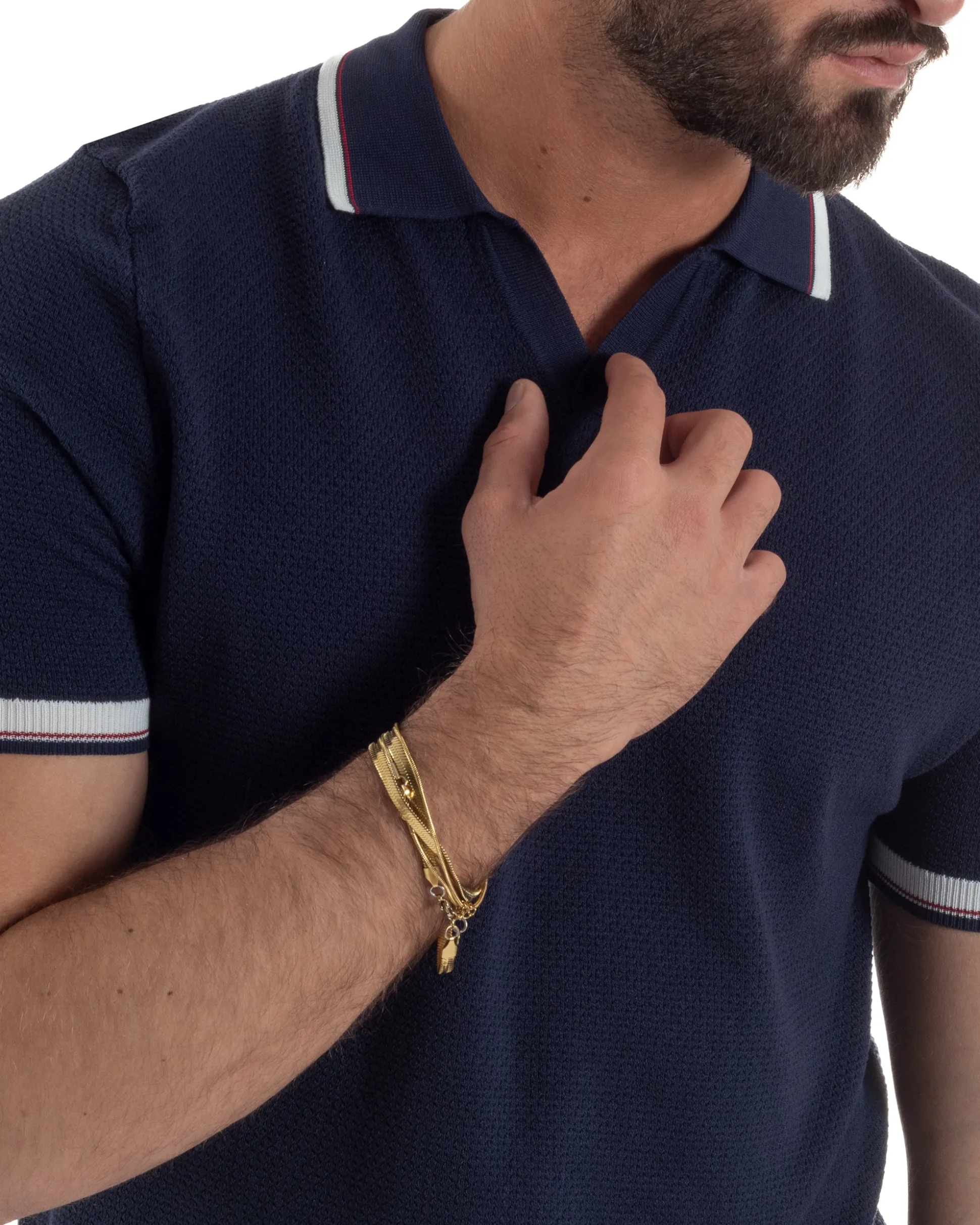 Polo uomo filo maglia colletto aperto sottogiacca scollo v blu GIOSAL-TS3274A