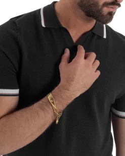 Polo uomo filo maglia colletto aperto sottogiacca scollo v nero GIOSAL-TS3275A