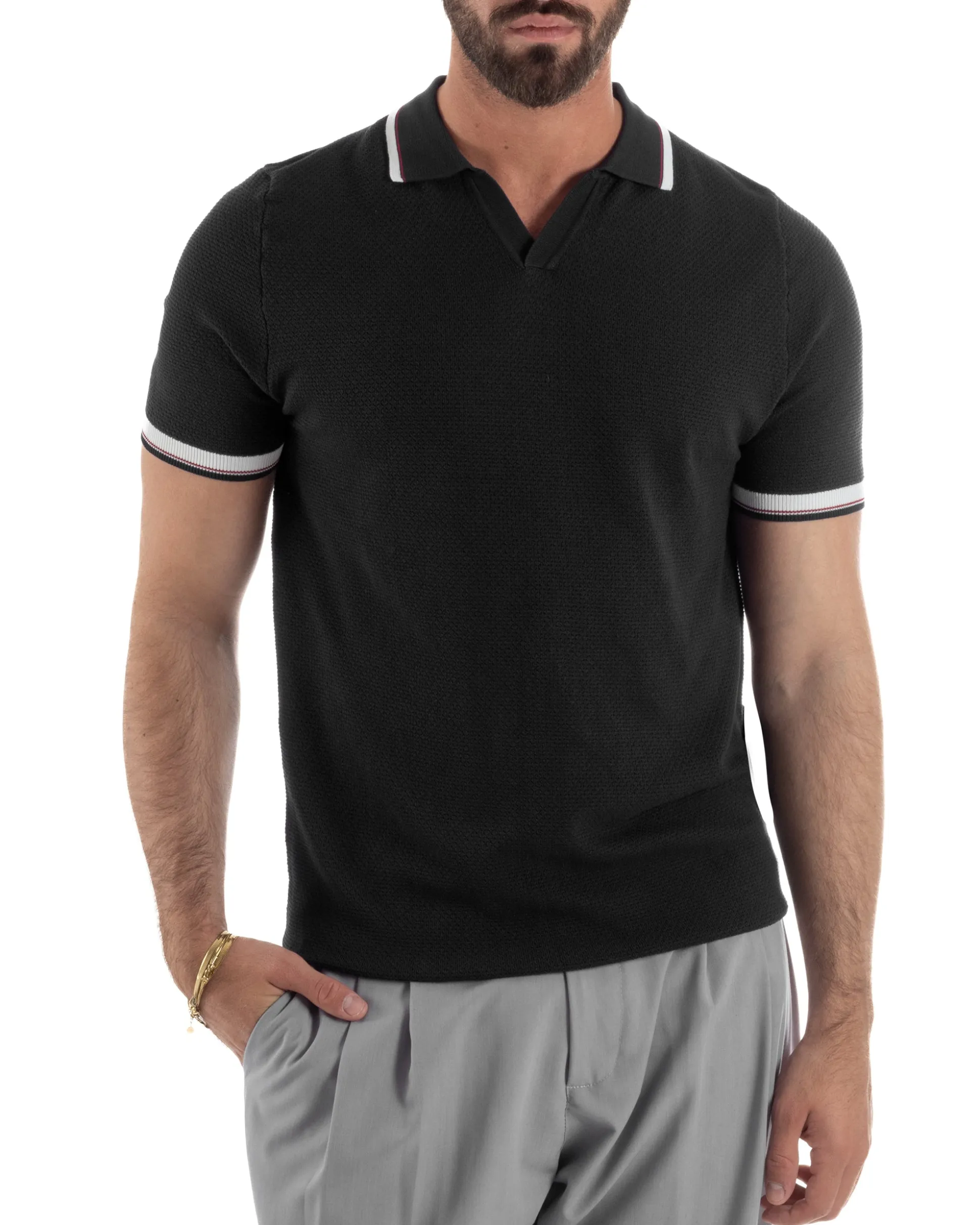 Polo uomo filo maglia colletto aperto sottogiacca scollo v nero GIOSAL-TS3275A