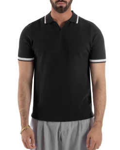 Polo uomo filo maglia colletto aperto sottogiacca scollo v nero GIOSAL-TS3275A