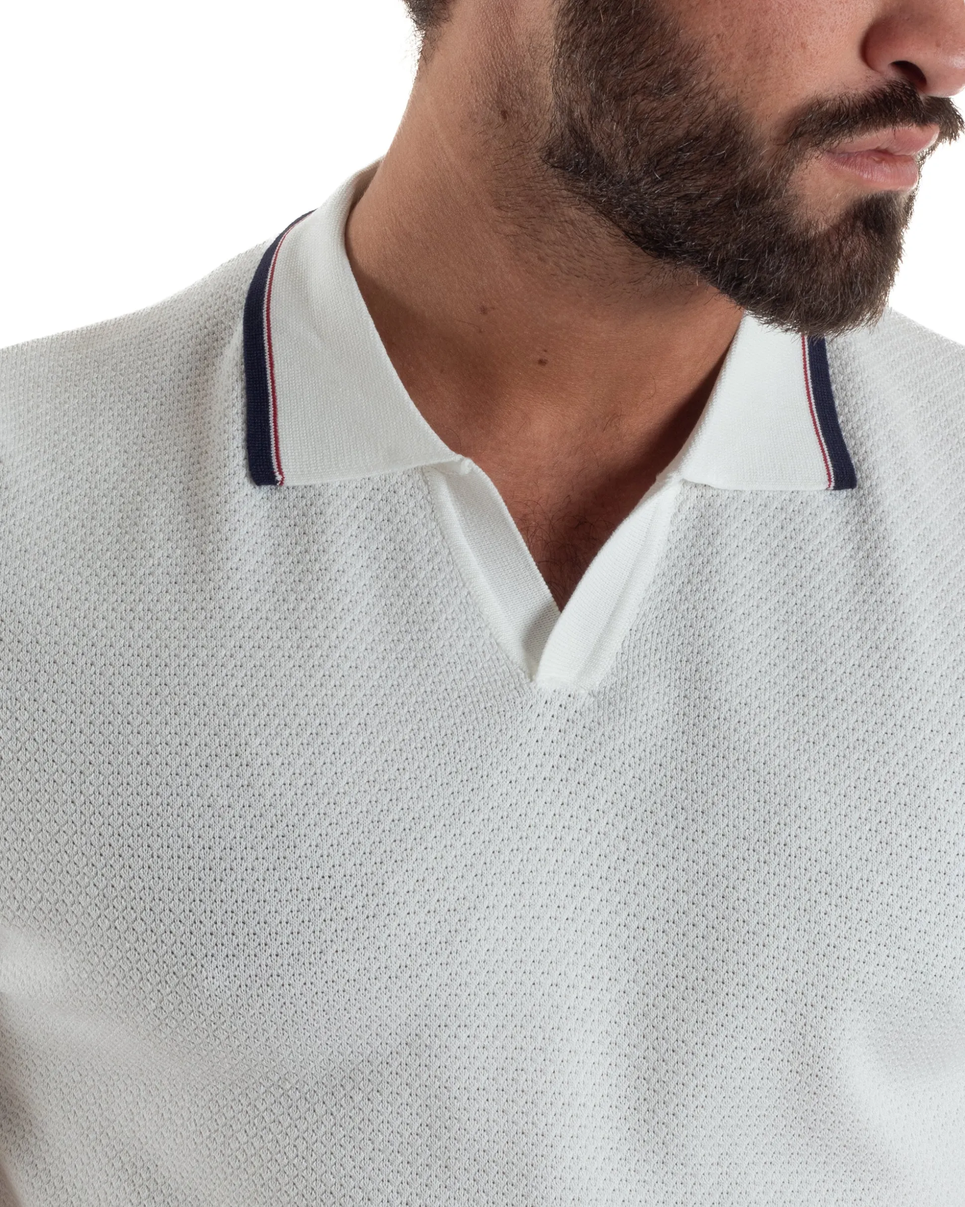 Polo uomo filo maglia colletto aperto sottogiacca scollo v bianco GIOSAL-TS3276A