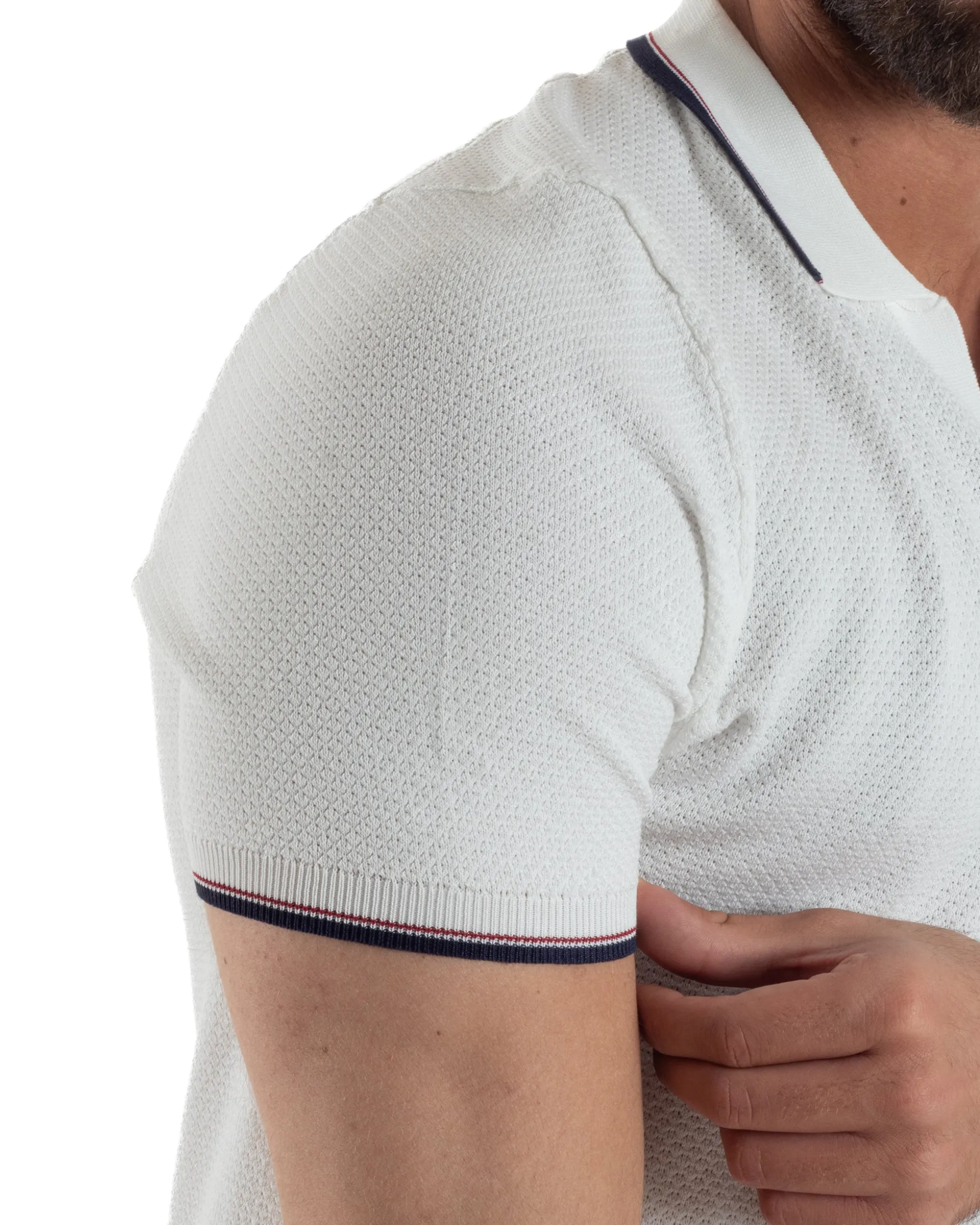 Polo uomo filo maglia colletto aperto sottogiacca scollo v bianco GIOSAL-TS3276A