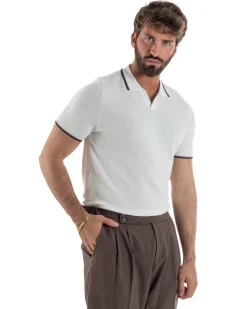 Polo uomo filo maglia colletto aperto sottogiacca scollo v bianco GIOSAL-TS3276A