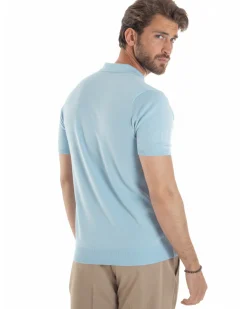 Polo uomo filo maglia con colletto t-shirt sottogiacca leggera celeste GIOSAL-TS3205A