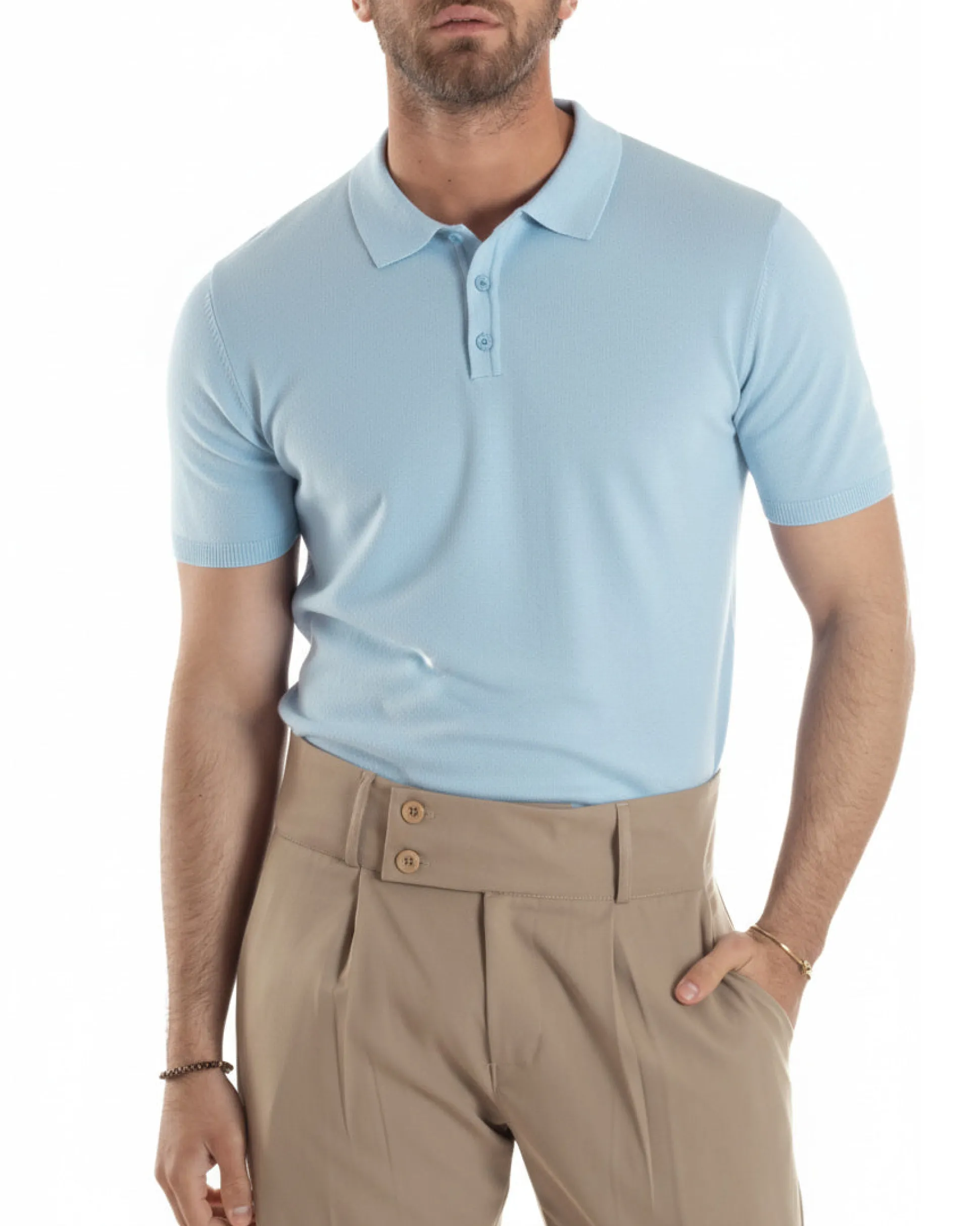 Polo uomo filo maglia con colletto t-shirt sottogiacca leggera celeste GIOSAL-TS3205A