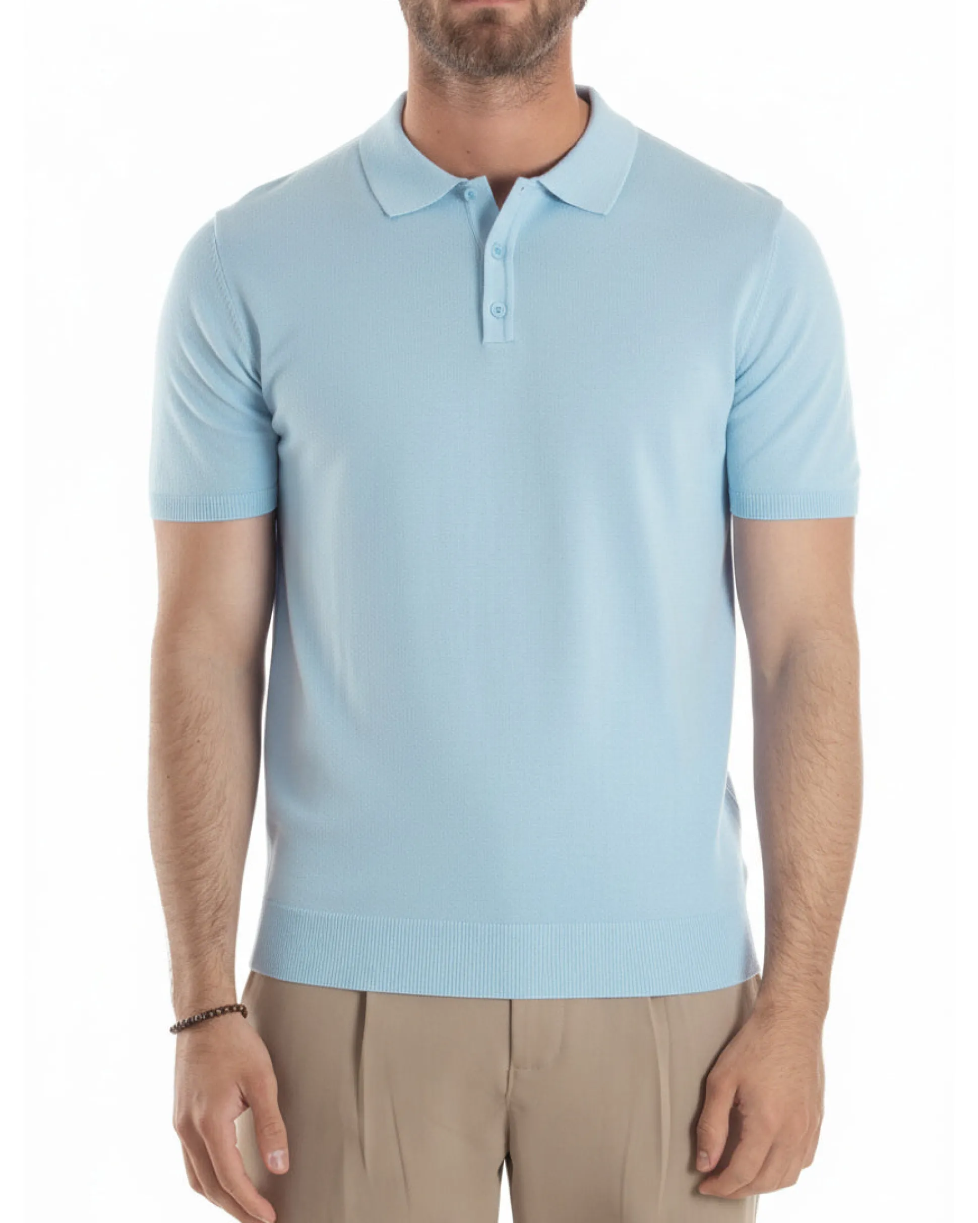 Polo uomo filo maglia con colletto t-shirt sottogiacca leggera celeste GIOSAL-TS3205A
