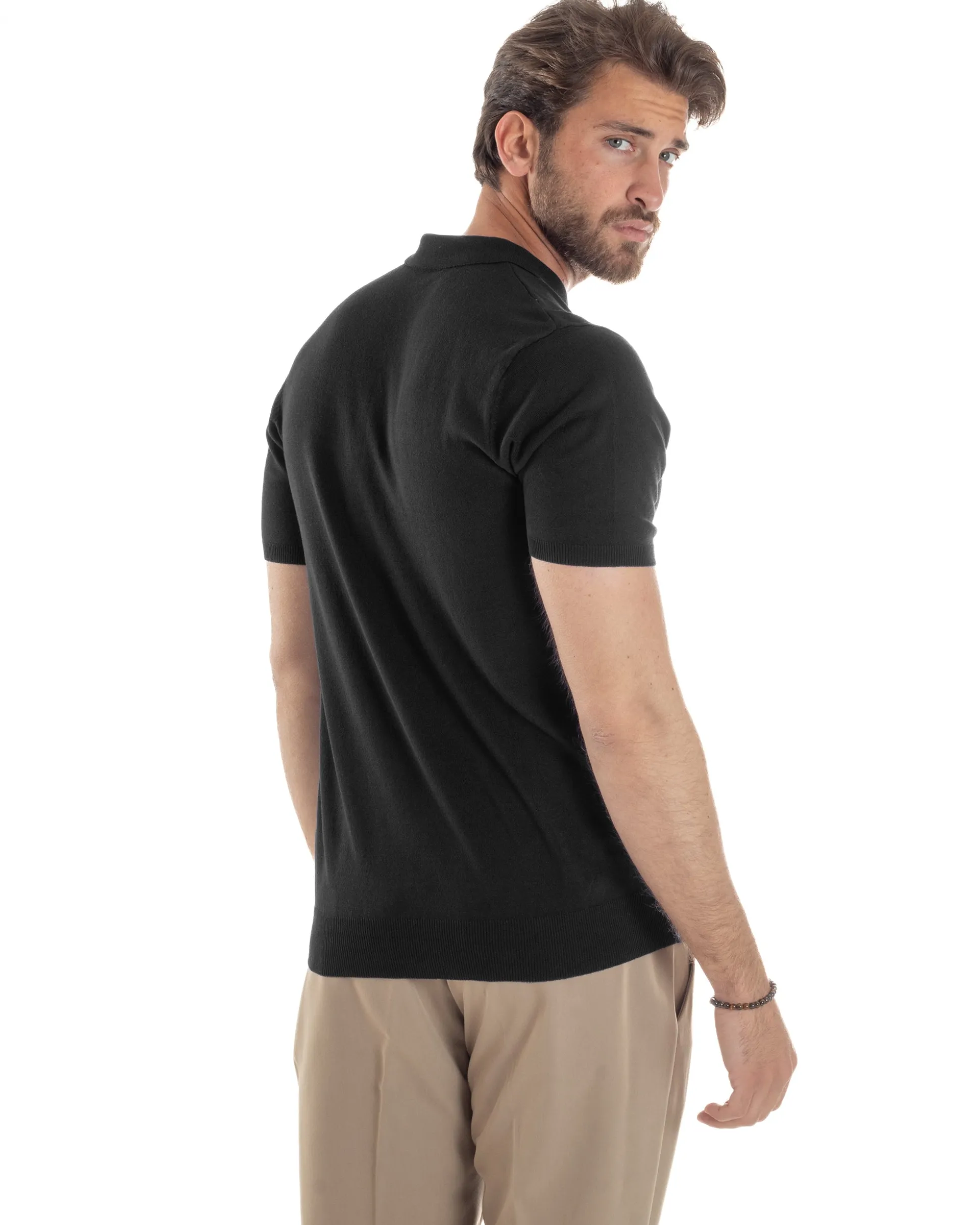 Polo Uomo Filo Maglia Con Colletto T-Shirt Sottogiacca Leggera Nero TS3133A