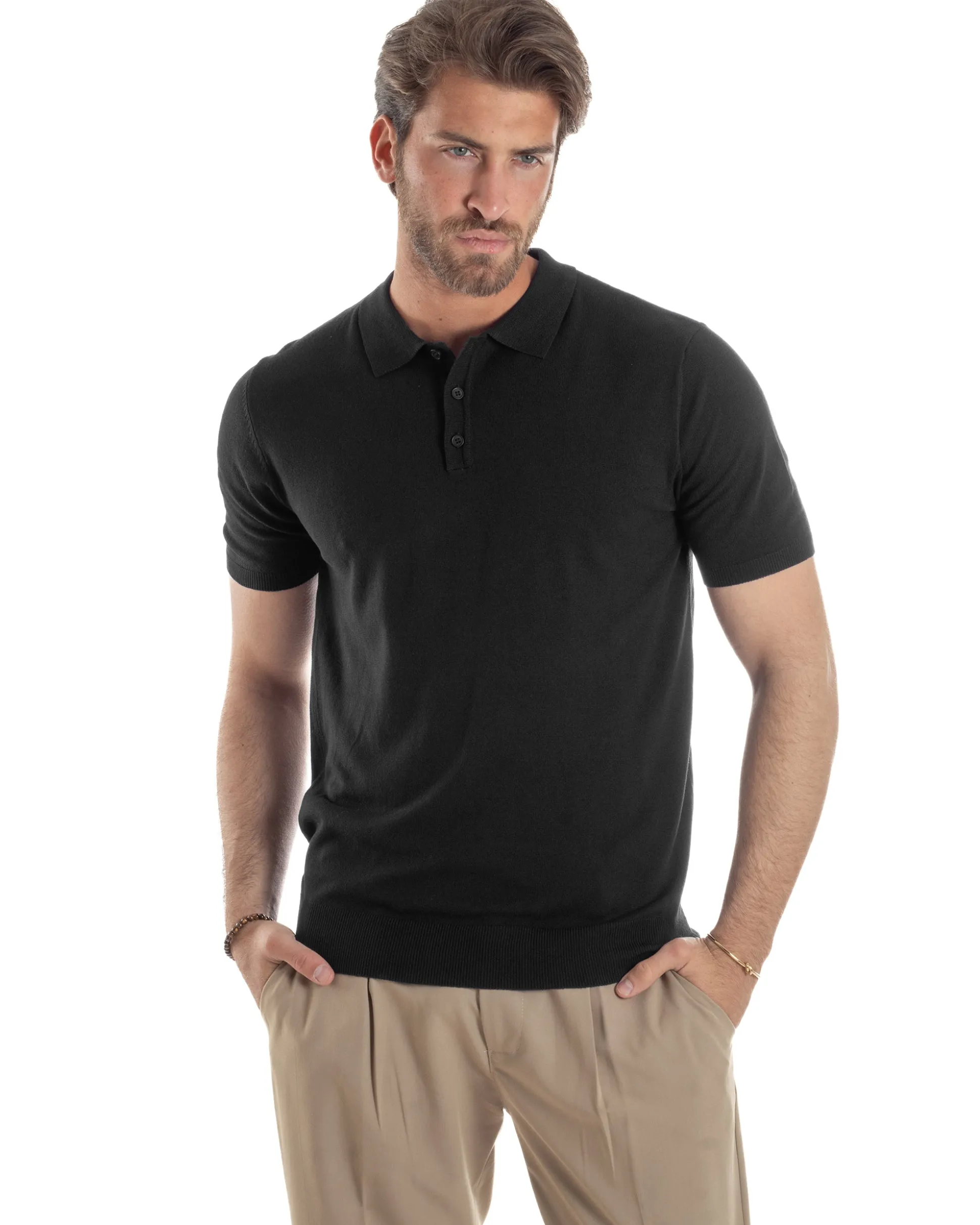 Polo Uomo Filo Maglia Con Colletto T-Shirt Sottogiacca Leggera Nero TS3133A