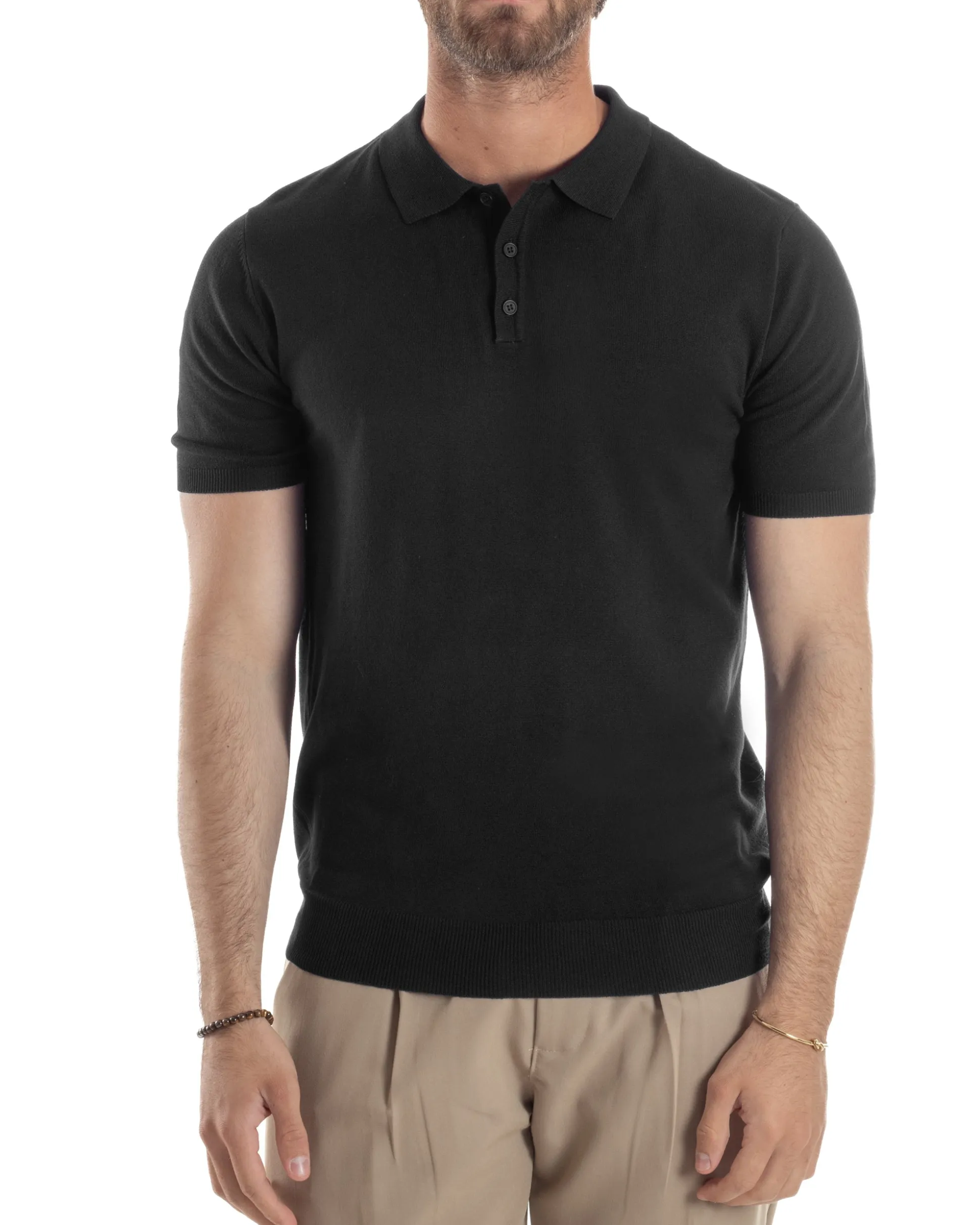 Polo Uomo Filo Maglia Con Colletto T-Shirt Sottogiacca Leggera Nero TS3133A