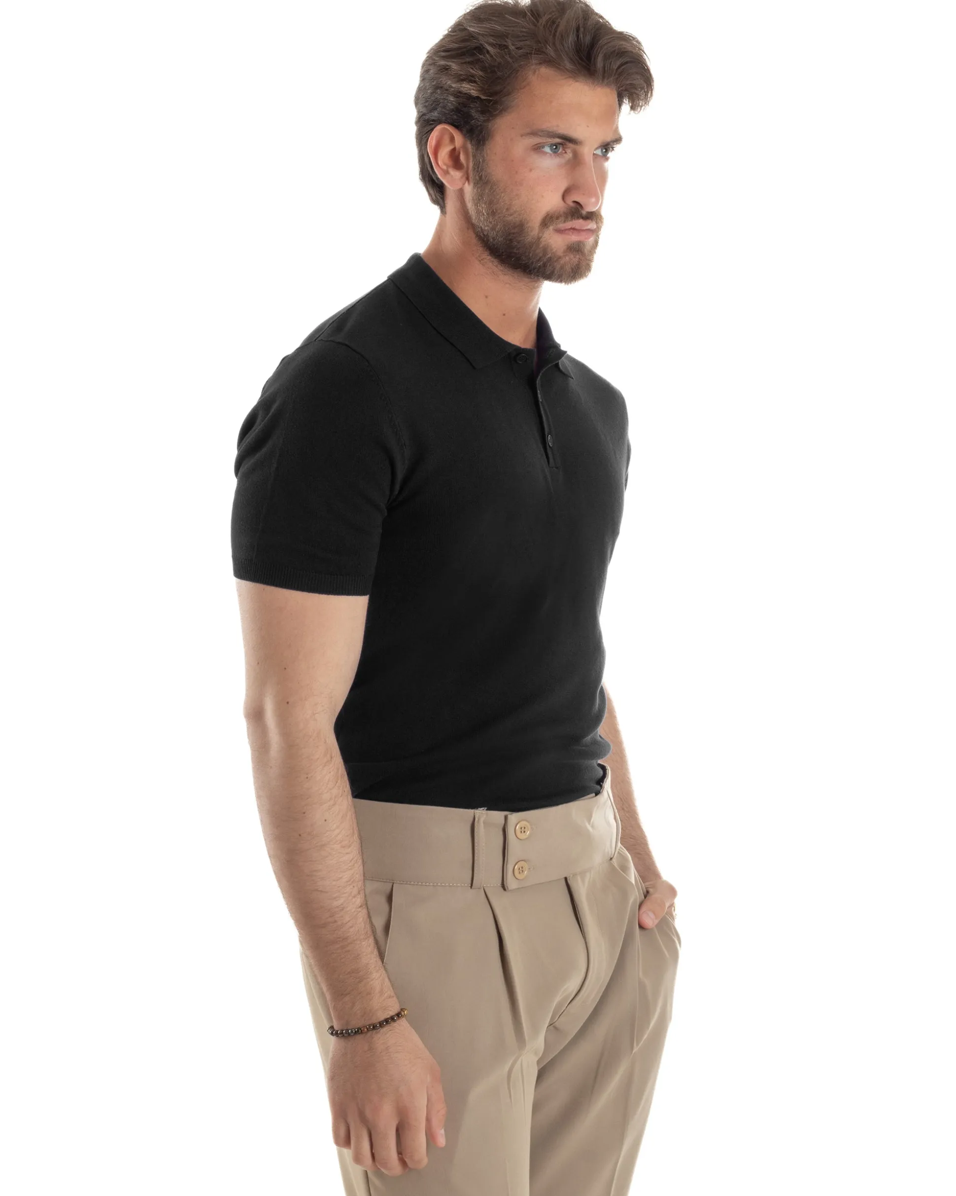Polo Uomo Filo Maglia Con Colletto T-Shirt Sottogiacca Leggera Nero TS3133A
