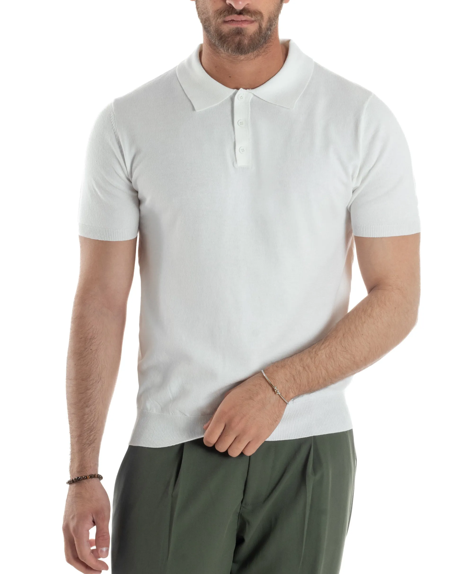 Polo Uomo Filo Maglia Con Colletto T-Shirt Sottogiacca Leggera Bianco TS3132A