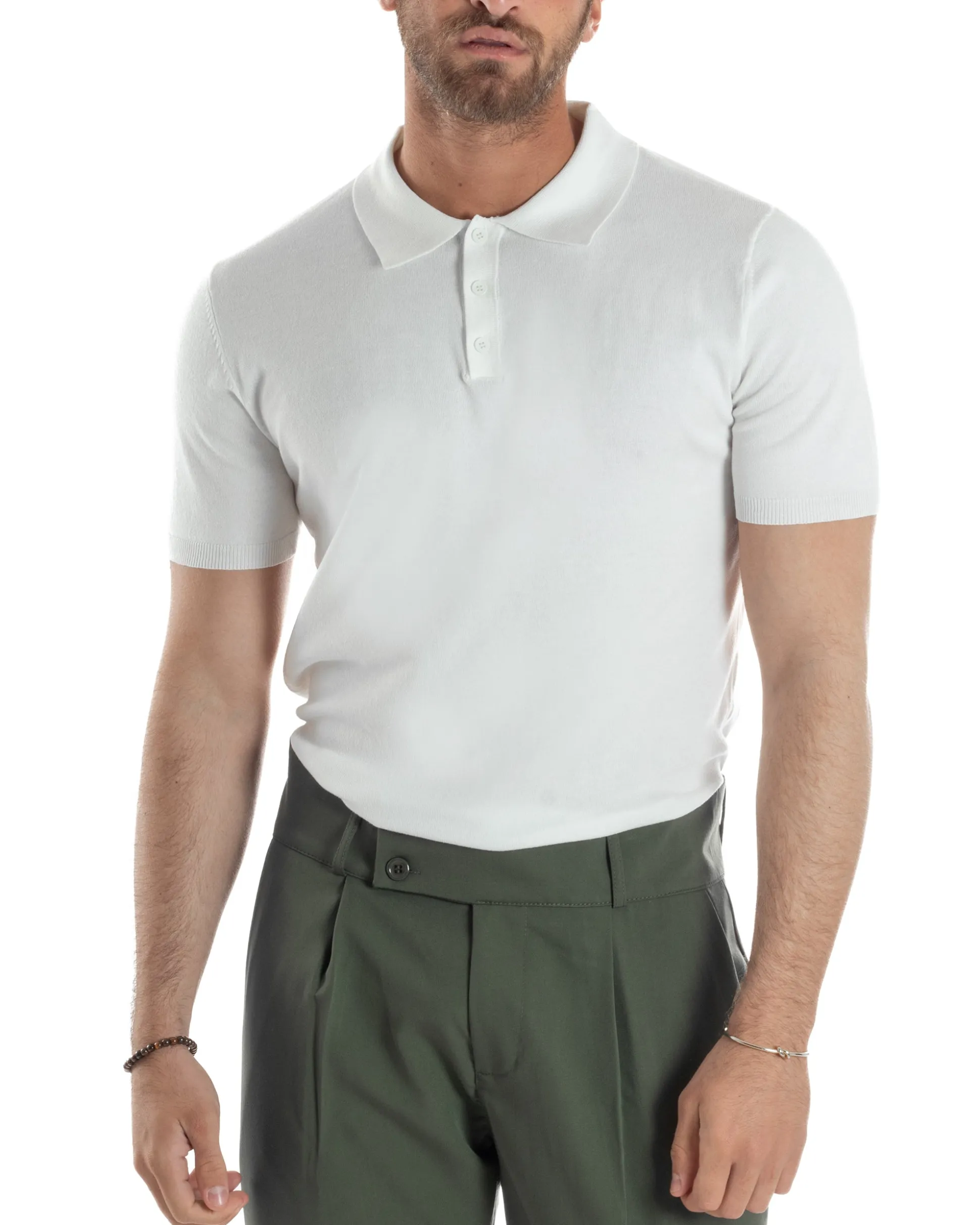 Polo Uomo Filo Maglia Con Colletto T-Shirt Sottogiacca Leggera Bianco TS3132A
