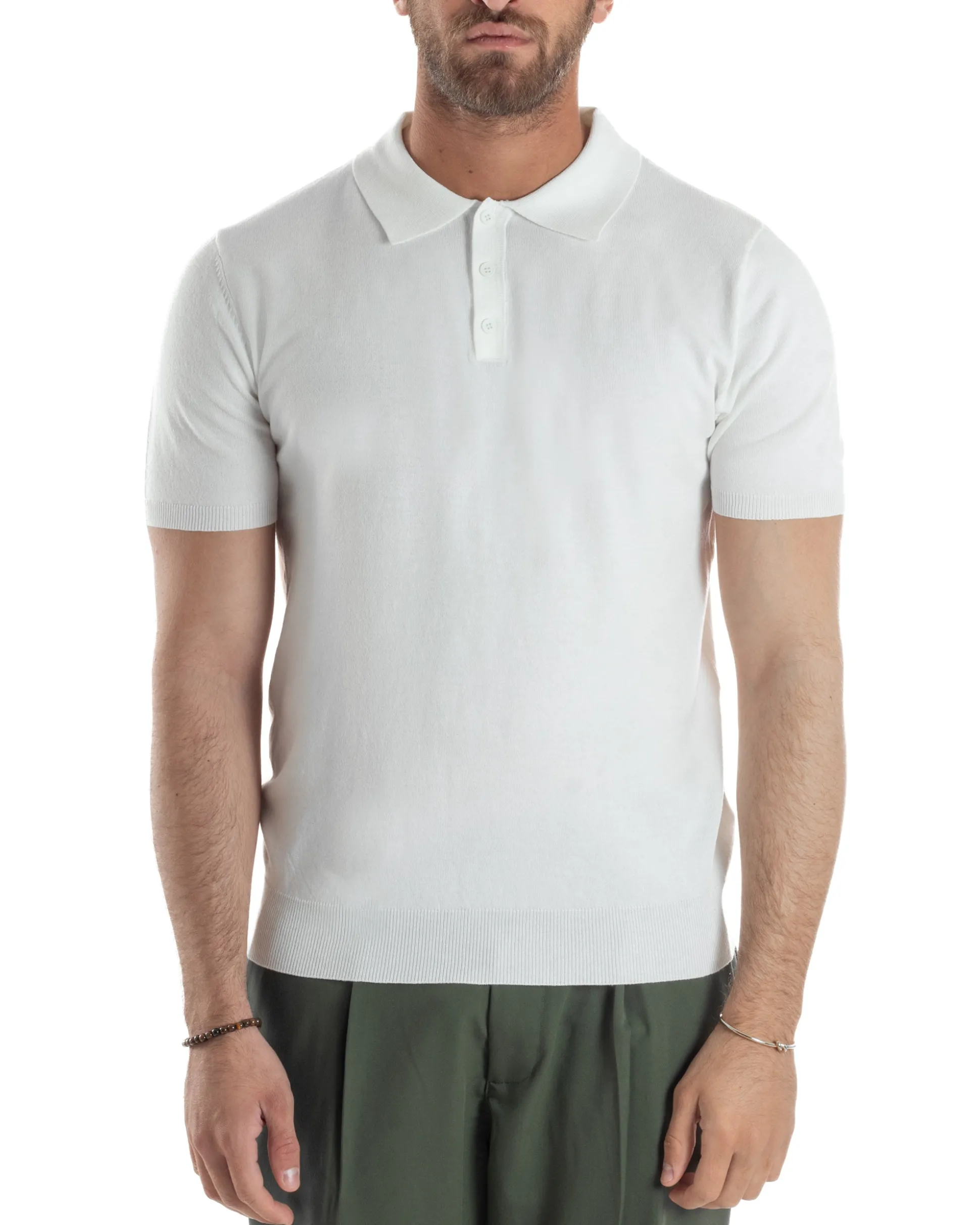 Polo Uomo Filo Maglia Con Colletto T-Shirt Sottogiacca Leggera Bianco TS3132A