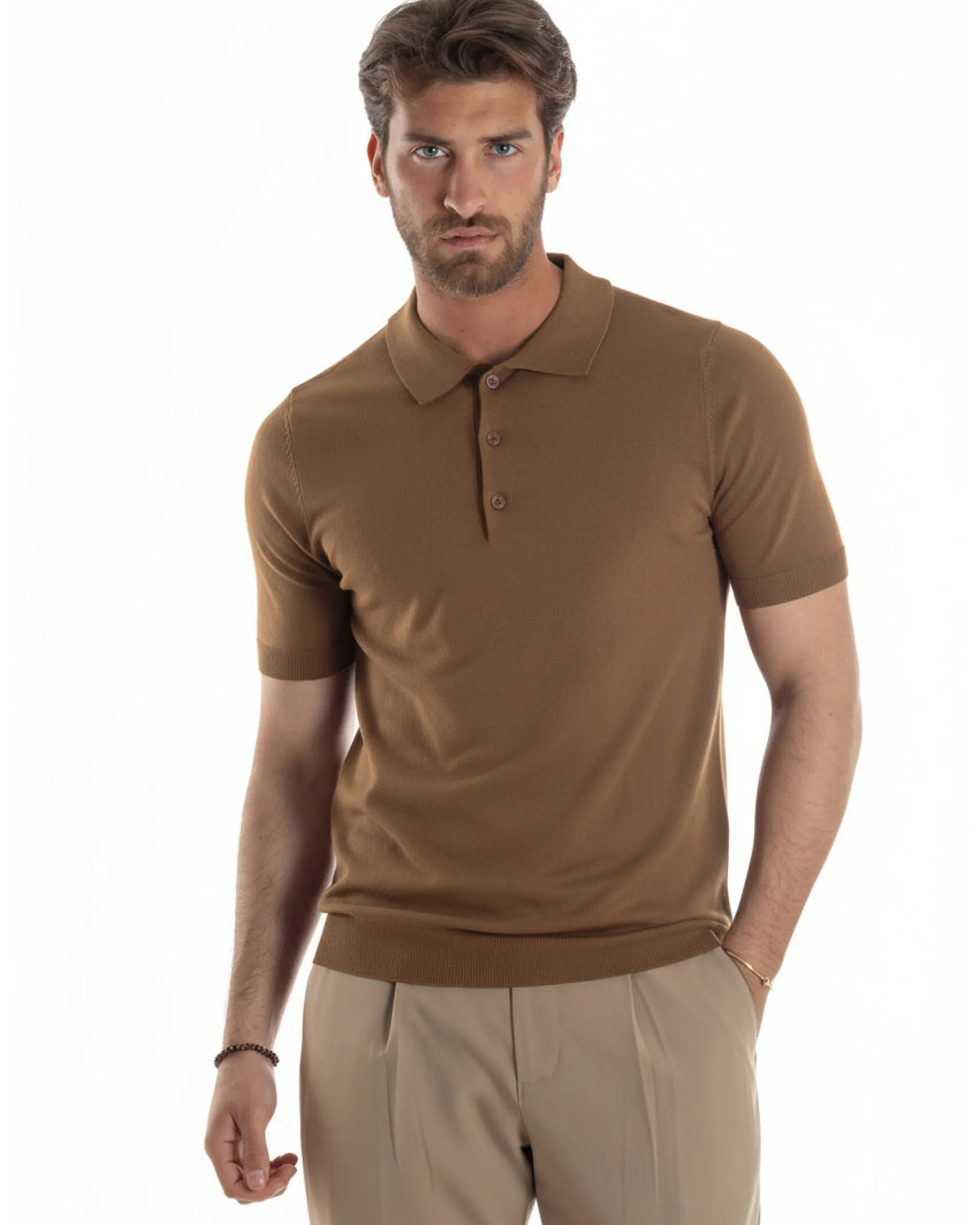 Polo uomo filo maglia con colletto t-shirt sottogiacca leggera tabacco GIOSAL-TS3207A