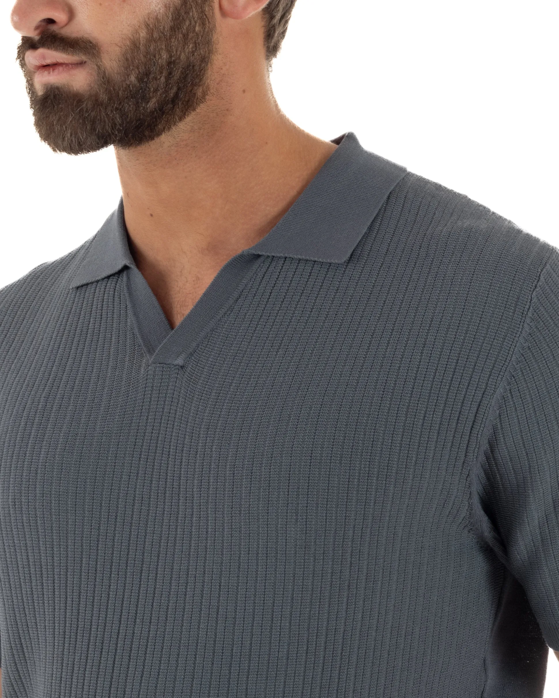 Polo uomo filo maglia costine colletto t-shirt sottogiacca scollo v piombo GIOSAL-TS3219A