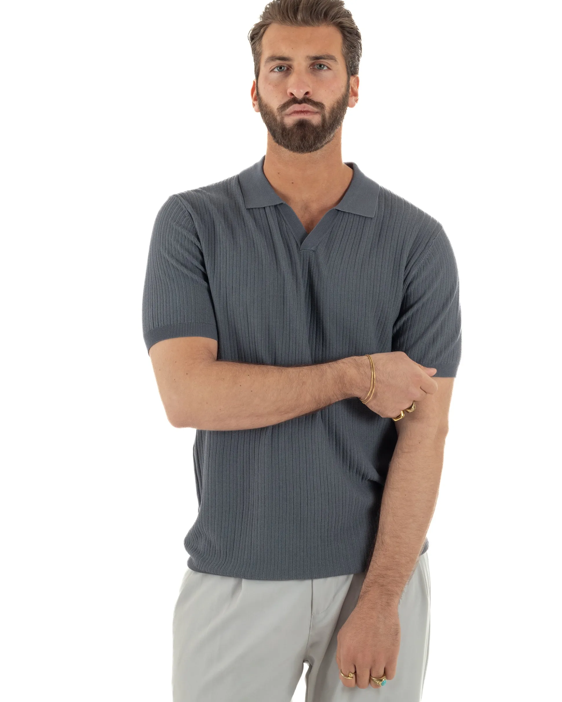Polo uomo filo maglia costine colletto t-shirt sottogiacca scollo v piombo GIOSAL-TS3219A