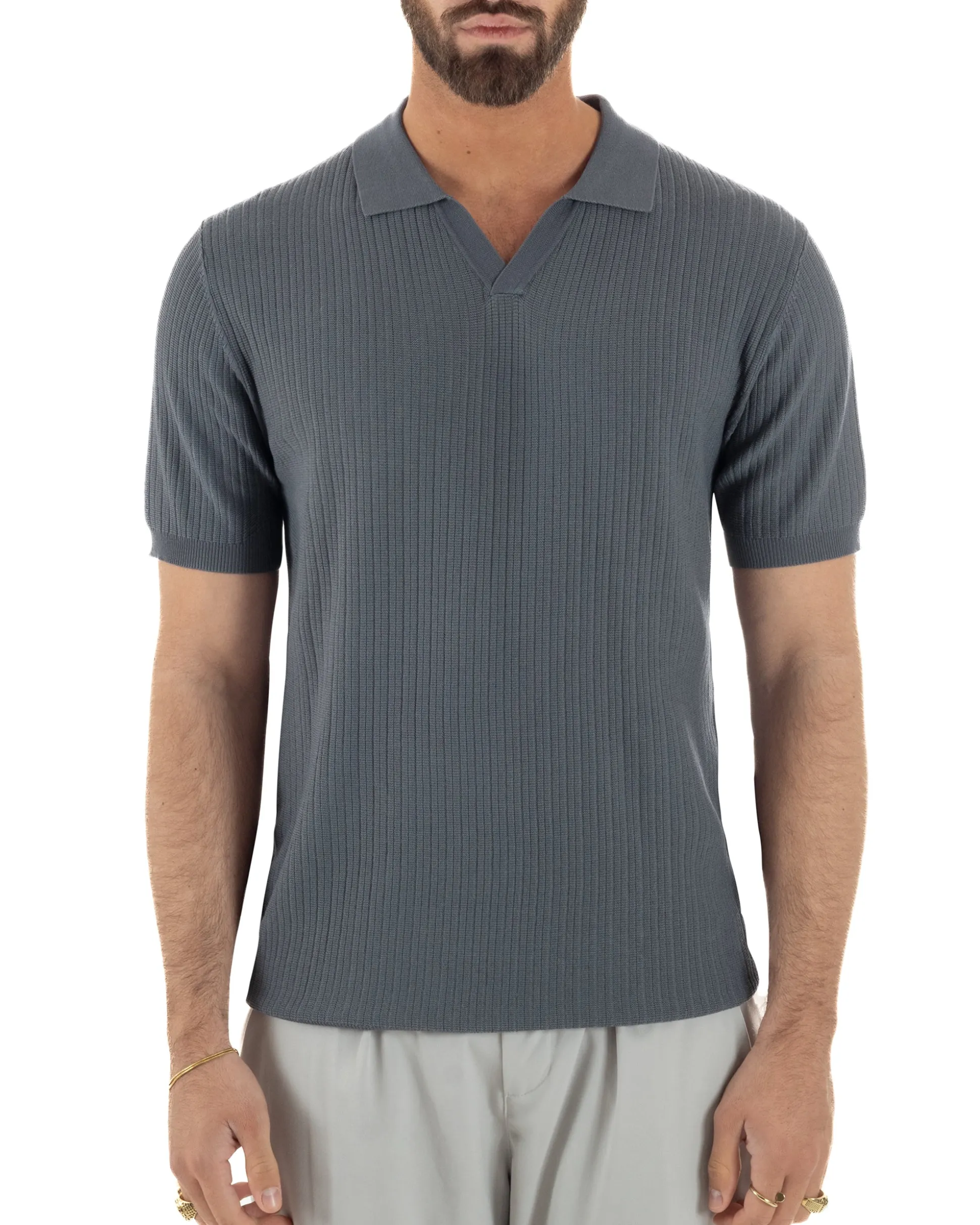 Polo uomo filo maglia costine colletto t-shirt sottogiacca scollo v piombo GIOSAL-TS3219A