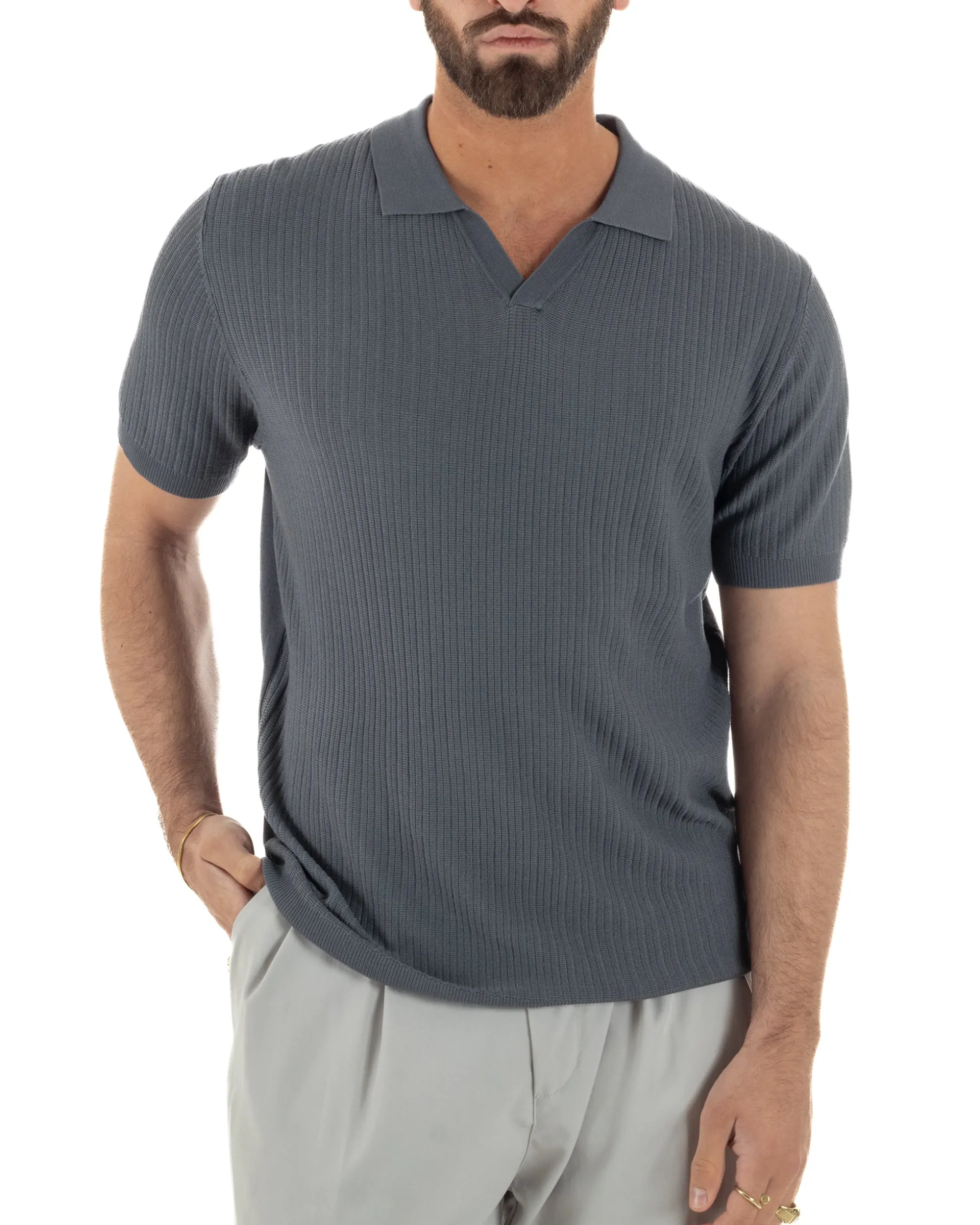 Polo uomo filo maglia costine colletto t-shirt sottogiacca scollo v piombo GIOSAL-TS3219A