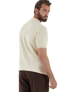 Polo uomo filo maglia costine colletto t-shirt sottogiacca scollo v panna GIOSAL-TS3218A