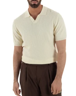 Polo uomo filo maglia costine colletto t-shirt sottogiacca scollo v panna GIOSAL-TS3218A