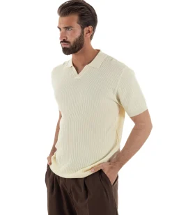 Polo uomo filo maglia costine colletto t-shirt sottogiacca scollo v panna GIOSAL-TS3218A