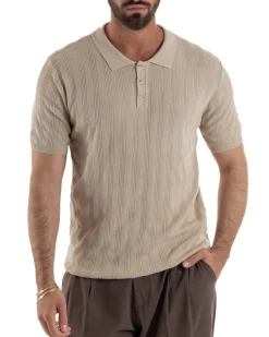 Polo uomo filo maglia costine colletto con bottoni t-shirt sottogiacca beige GIOSAL-TS3271A