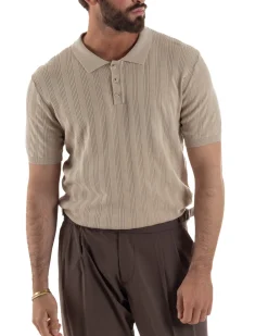 Polo uomo filo maglia costine colletto con bottoni t-shirt sottogiacca beige GIOSAL-TS3271A