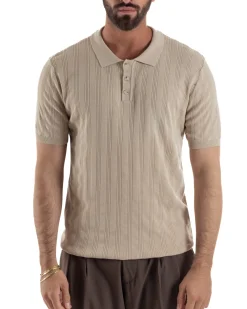 Polo uomo filo maglia costine colletto con bottoni t-shirt sottogiacca beige GIOSAL-TS3271A