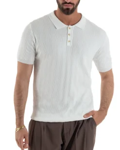 Polo uomo filo maglia costine colletto con bottoni t-shirt sottogiacca bianco GIOSAL-TS3272A