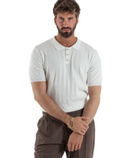 Polo uomo filo maglia costine colletto con bottoni t-shirt sottogiacca bianco GIOSAL-TS3272A