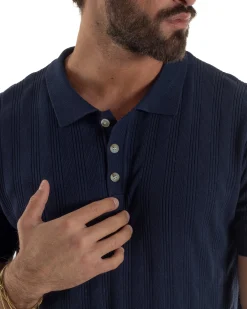 Polo uomo filo maglia costine colletto con bottoni t-shirt sottogiacca blu GIOSAL-TS3273A
