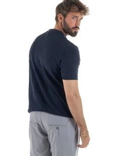 Polo uomo filo maglia costine colletto con bottoni t-shirt sottogiacca blu GIOSAL-TS3273A