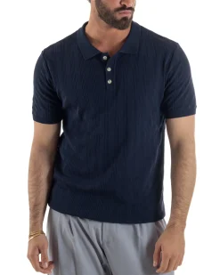 Polo uomo filo maglia costine colletto con bottoni t-shirt sottogiacca blu GIOSAL-TS3273A