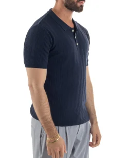 Polo uomo filo maglia costine colletto con bottoni t-shirt sottogiacca blu GIOSAL-TS3273A