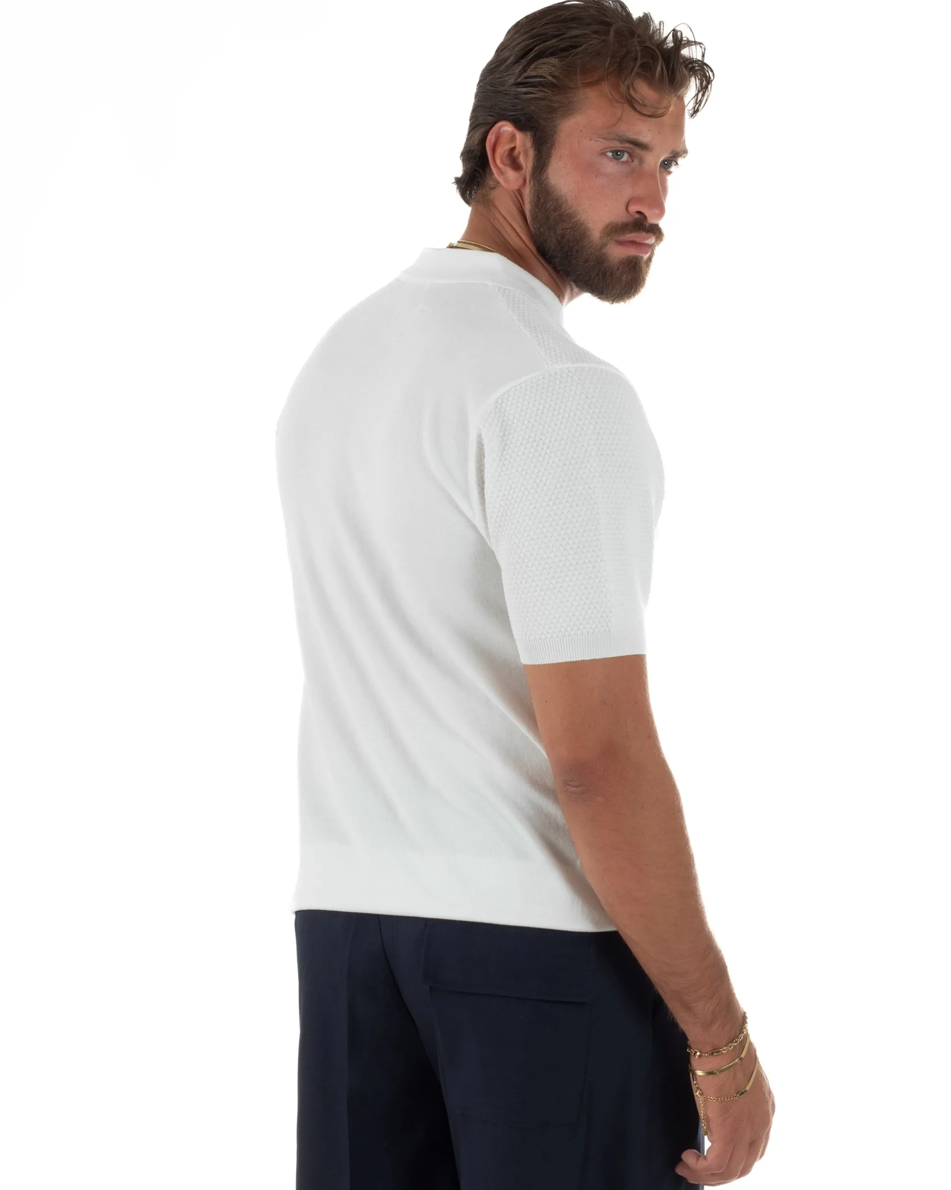 Polo uomo filo maglia nido d'ape colletto t-shirt sottogiacca bianco GIOSAL-TS3318A