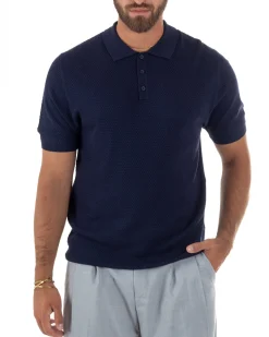 Polo uomo filo maglia nido d'ape colletto t-shirt sottogiacca blu GIOSAL-TS3320A