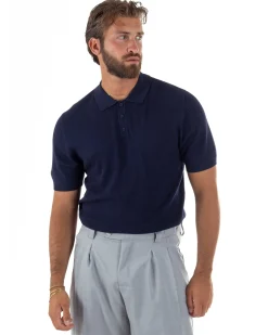 Polo uomo filo maglia nido d'ape colletto t-shirt sottogiacca blu GIOSAL-TS3320A