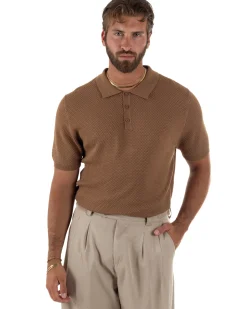 Polo uomo filo maglia nido d'ape colletto t-shirt sottogiacca camel GIOSAL-TS3317A