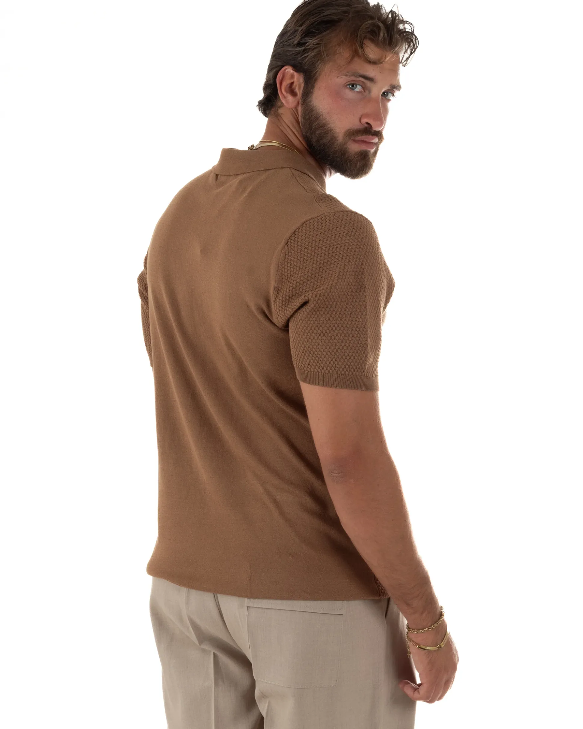 Polo uomo filo maglia nido d'ape colletto t-shirt sottogiacca camel GIOSAL-TS3317A
